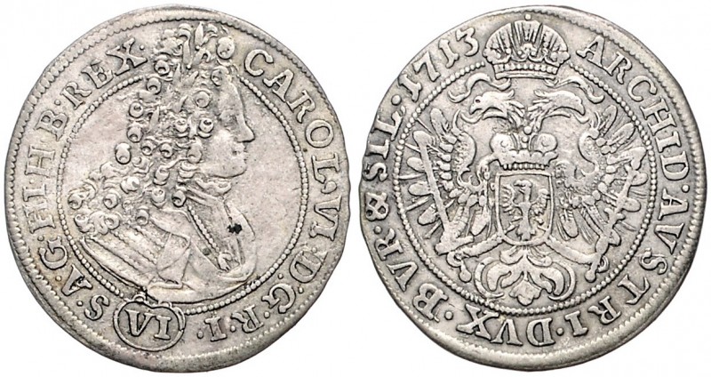 CHARLES VI (1711 - 1740)&nbsp;
6 Kreuzer, 1713, 2,99g, Vratislav. Her. 692&nbsp...