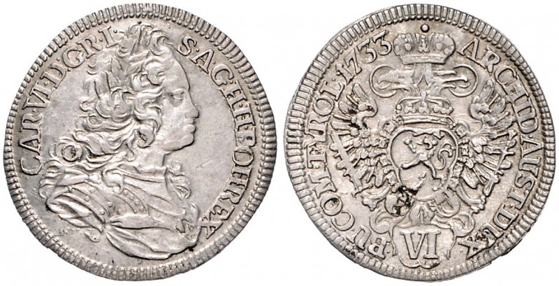 CHARLES VI (1711 - 1740)&nbsp;
6 Kreuzer, 1733, 3,41g, Praha. Her. 685&nbsp;
...