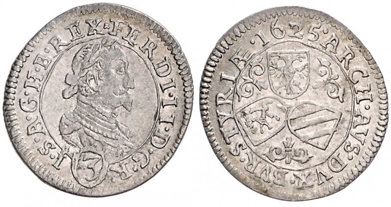 FERDINAND II (1619 - 1637)&nbsp;
3 Kreuzer, 1625, 1,75g, Graz. Her. 1078&nbsp;...