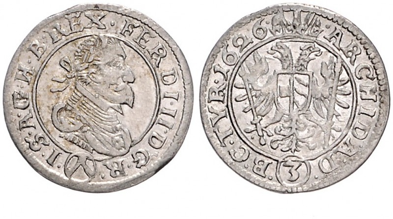 FERDINAND II (1619 - 1637)&nbsp;
3 Kreuzer, 1626, 1,68g, Wien. Her. 1040&nbsp;...