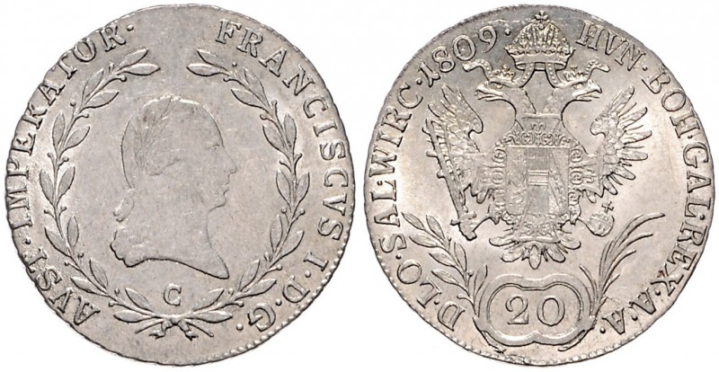 FRANCIS II / I (1792 - 1806 - 1835)&nbsp;
20 Kreuzer, 1809, 6,6g, C. Früh. 285&...