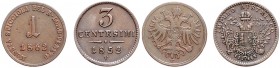 FRANZ JOSEPH I (1848 - 1916)&nbsp;
Lot 2 coins 3 Centesimi 1852 V, 1 Soldo 1862 V, 6,81g&nbsp;

EF | EF