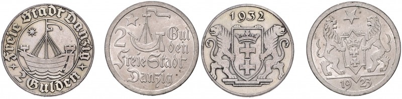 FREE CITY OF DANZIG&nbsp;
Lot 2 coins 2 Gulden 1923, 1932, 20g, Fischer WMG 013...