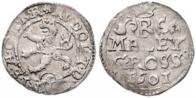 COINS MINTED IN BOHEMIA DURING THE REIGN OF RUDOLF II (1576 - 1612)&nbsp;
Small groschen, 1601, 1,04g, Kutná Hora. Hal. 380&nbsp;

VF | VF