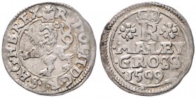 COINS MINTED IN BOHEMIA DURING THE REIGN OF RUDOLF II (1576 - 1612)&nbsp;
Small groschen, 1599, 1,02g, Jáchymov. Hal. 406&nbsp;

VF | VF