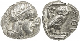 ATHENS (ATTICA): 440-404 BC, AR tetradrachm (17.18g), S-2526, helmeted bust of Athena right // owl standing right with head facing, AΘE before, olive ...