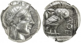 ATHENS (ATTICA): 440-404 BC, AR tetradrachm, S-2526, helmeted bust of Athena right // owl standing right with head facing, AΘE before, olive spray and...
