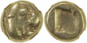 MYTILENE: EL hecte (2.44g), ca. 521-478 BC, Bodenstedt-13. HGC-6:938, head of roaring lion right // incuse head of calf right, Strike: 4/5, Surface: 5...