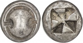 TANAGRA: AR drachm (6.04g), 500-480 BC, BCD Boiotia-244, HGC 4-1281, Boeotian shield, horizontal T facing inward in each opening // small square incus...