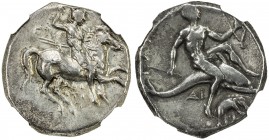 TARENTUM/TARAS: ca. 280-272 BC, AR didrachm (nomos) (6.29g), Vlasto-711, SNG ANS-1081, nude warrior on horseback right, holding two spears and prepari...