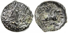 GAUL: Suessiones, AE unit (2.91g), 1st century BC, LT-7729, D&T-558, head left with heavy locks of hair, imitative legend DEIOYIKII before // horse ga...