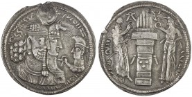 SASANIAN KINGDOM: Varhran II, 276-293, AR drachm (4.11g), G-X/3, King, Queen wearing a boar crown and Anahita wearing eagle crown and holding diadem /...