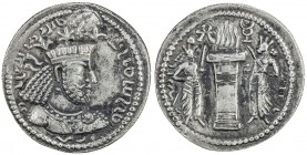 SASANIAN KINGDOM: Narseh, 293-303, AR obol (0.56g), NM, ND, G-77, king's bust right, wearing crown with arcades and three floriate branches, with kory...