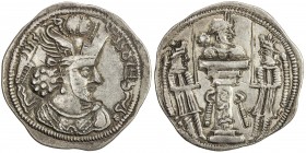 SASANIAN KINGDOM: Varhran IV, 388-399, AR drachm (4.09g), Herat, G-136, standard type, with flames hiding behind the king's bust above the altar, faci...