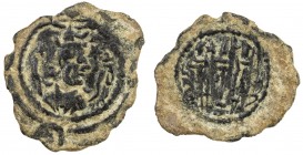 SASANIAN KINGDOM: Kavad I, 2nd reign, 499-531, AE pashiz (0.74g), ST (Istakhr), ND, standard royal bust, uncertain symbol to right // fire altar & 2 a...