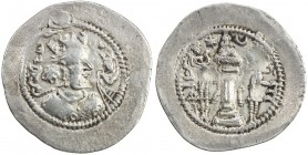 SASANIAN KINGDOM: Zamasp, 497-499, AR drachm (3.94g), LYW (Riv-Ardashir), year 3, G-180, his son handing diadem to his father, diadem with long ribbon...