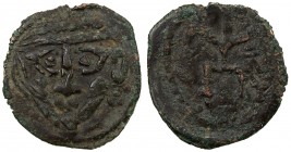 PAIKEND: Anonymous, early 8th century, AE cash (0.82g), Zeno-12935, facing head / "dancing man" (actually the city tamgha), prototype to the Paikend s...