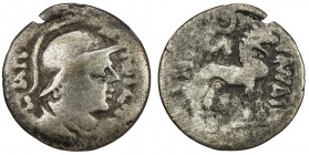 YUEH CHI: Sapadbizes, ca 20-1 BC, AR obol (0.62g), Senior-A6.1a, helmeted and draped bust of ruler right, ΣAΠ-A ΛBIZH(Σ) // lion standing right, cresc...