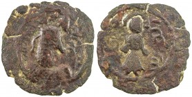 ARAB-SASANIAN: Anonymous, AE pashiz (2.48g), NM, ND, A-49K, very crude bust right, with huge nose, unread Pahlavi to left, Pahlavi LWBAK ("current") t...