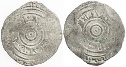 FATIMID: al-'Aziz, 975-996, AR broad dirham (2.66g), Dimashq, AH3xx, A-W705, clear mint name, about 30% flat strike as usual for this type, VF.

Est...