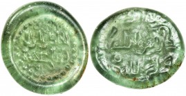 FATIMID: al-Hakim, 996-1021, glass jeton/weight (2.99g), A-713, FGJ-148, 2-line legend, within circle of pellets // Shi'ite kalima, translucent green,...