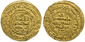 SAMANID: 'Abd al-Malik I, 954-961, AV dinar (3.81g), Nishapur, AH343, A-1460, unusually with the reverse of AH344, which does not cite the deposed cal...