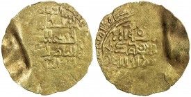 QARAKHANID: Ibrahim b. Husayn, 1178-1203, AV dinar (3.07g), MM, AH58x, A-3405, muling of two reverses, thus citing only the Abbasid caliph and without...