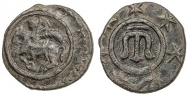 GIRAY KHANS: Genoese Colony, 1347-1566, AE follaro (1.22g), Kaffa, Retowski-263, anepigraphic: horseman galloping left // Giray tamgha in center, 7 st...