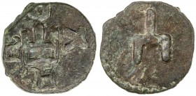 GIRAY KHANS: Genoese Colony, 1347-1566, AE follaro (1.38g), Kaffa, Retowski-258, castle in center, Latin K A F F around // Giray tamgha, lovely strike...