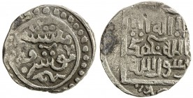 ILKHAN: Abaqa, 1265-1282, AR ½ dirham (1.24g), Nishapur, AH(6)80, A-B2130, SNAT-XIVa1:720, Uighur HAGHANU / ABAKA // kalima, mint above (off flan) fol...