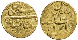 QAJAR: Fath 'Ali Shah, 1797-1834, AV toman (6.09g), Isfahan, AH1218, A-2860C, type S2, reverse within scalloped border, 3 circles of dots around, EF t...