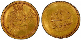 QAJAR: Fath 'Ali Shah, 1797-1834, AV presentation toman (4.59g), Isfahan, AH1245, A-2871, KM-763, portrays the king seated on throne, with medallion b...