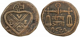 BOMBAY PRESIDENCY: AE half anna (14.61g), Bankot, 1821//1821, Stv-6.46, KM-228. Prid-322., balemark // balance scales, denomination in Nagari between ...