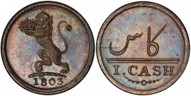 MADRAS PRESIDENCY: AE cash, 1803, KM-315, East India Company issue, a lovely example! PCGS graded MS63 BN.

Estimate: USD 100 - 150
