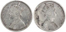 BRITISH INDIA: Victoria, Queen, 1837-1876, AR rupee, ND (1862-76), KM-472.x, obverse mirror brockage error, lightly cleaned, VF to EF. Known as a "lak...