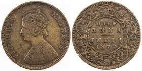 BRITISH INDIA: Victoria, Empress, 1876-1901, AE ½ anna, 1877 (b), KM-487, S&W-6.461, tiny edge cut at 4:00, a few light rim bumps, VF, R. 

Estimate...