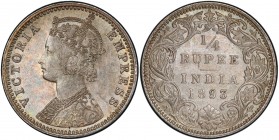BRITISH INDIA: Victoria, Empress, 1876-1901, AR ¼ rupee, 1893-B, KM-490, PCGS graded MS62.

Estimate: USD 150 - 200