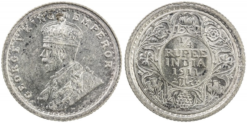 BRITISH INDIA: George V, 1910-1936, AR ¼ rupee, 1911(c), KM-517, so-called "pig"...
