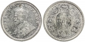 BRITISH INDIA: George V, 1910-1936, AR ¼ rupee, 1911(c), KM-517, so-called "pig"-style elephant, one-year type, About Unc, R. On the coin, the king ap...
