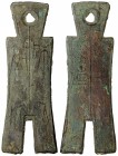 WARRING STATES: State of Chu, 350-250 BC, AE spade money (33.77g), H-3.470, large flat-handle square-foot spade type, 38x100mm, pei bi dang jin on obv...