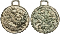 WESTERN LIAO: AE charm (32.94g), Khitan pendant charm or amulet with dragon // archer on horseback, small animal below, with loop for hanging, VF. The...