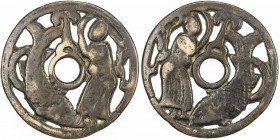 CHINA: AR charm (22.66g), CCH-45, 48mm, figure standing at right, fish at left, openwork charm, VF, ex Dr. Axel Wahlstedt Collection. Likely cast in t...