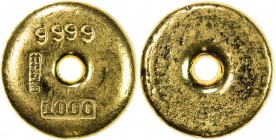 CHINA: AV tael (liang) (37.45g), pure gold circular "donut" ingot of private manufacture likely made in the Min Guo period, central hole, Chinese insc...