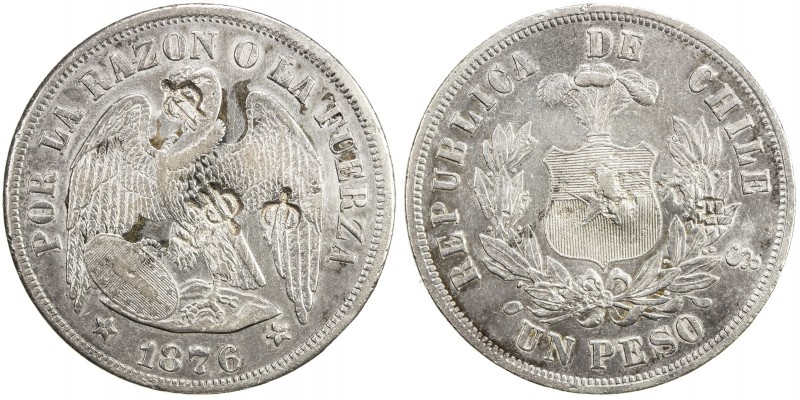 CHOPMARKED COINS: CHILE: Republic, AR peso, 1876-So, KM-142.1, uncertain charact...