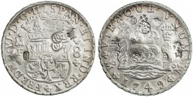 CHOPMARKED COINS: MEXICO: Fernando VI, 1746-1759, AR 8 reales, 1749-Mo, KM-104.1, "pillar dollar" or "columnario" type, assayer MF, with several large...