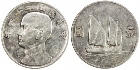 CHINA: Republic, AR dollar, year 22 (1933), Y-345, L&M-109, Sun Yat-sen, Chinese junk under sail, scarce date, surface hairlines, About Unc, S. 

Es...