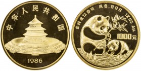 CHINA (PEOPLE'S REPUBLIC): AV 1000 yuan, 1986, KM-136, Y-118, 70mm, Panda Series, reeded edge issue containing 12 ounces of 999.9 pure gold and mintag...