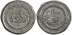 TENASSERIM-PEGU: Anonymous, 17th-18th century, large tin coin, cast (86.39g), Robinson—, 73mm, knotted dragon right with long protruding pointed tongu...