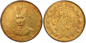 IRAN: Nasir al-Din Shah, 1848-1896, AV 2 toman, Tehran, AH1297, KM-942, portrait obverse, date upper left obverse, very weak (but certain) due to havi...