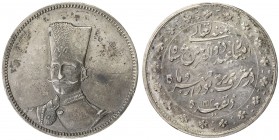 IRAN: Nasir al-Din Shah, 1848-1896, AR 5 kran, AH1313, KM-M1, struck to commemorate the Shah's 50th anniversary of reign, but he was assassinated a fe...